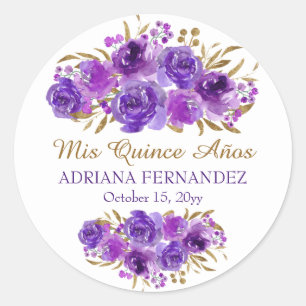 Sticker Rond Rose pourpre et feuille d'or Mis Quince Anos
