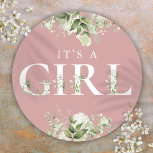 Sticker Rond Rose Poussiéreux C'est Une Fille Floral Vert Baby