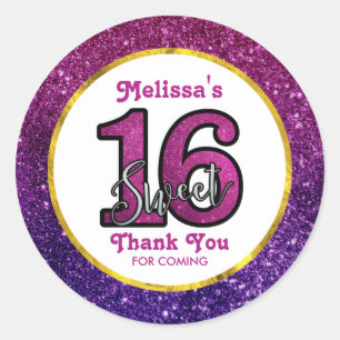 Sticker Rond Rose & Purple Sweet 16 Parties scintillant étincel