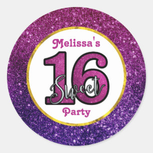 Sticker Rond Rose & Purple Sweet 16 Parties scintillant étincel