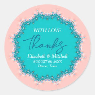 Sticker Rond Rose rose + Aqua Turquoise dentelle fractale Merci