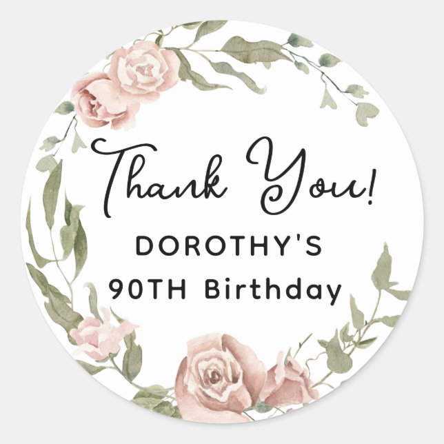 Sticker Rond Rose rose Dusty Floral 90e anniversaire Merci (Devant)