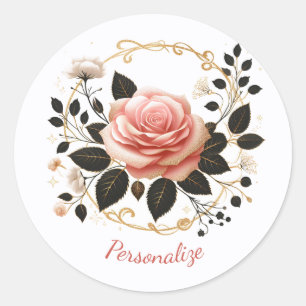 Sticker Rond Rose Rose Élégante et Art Floral en Or Personnalis