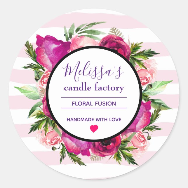 Sticker Rond Rose rose et bouquet floral de pavot Bouquet Bougi (Devant)