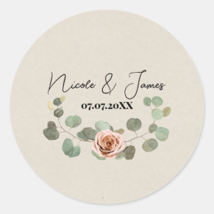 Sticker Rond Rose rose et Eucalyptus Coeur Rustique Mariage