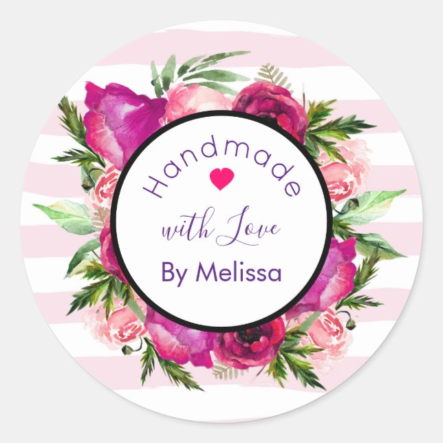Sticker Rond Rose rose et Pavot Floral Design artisanal avec am (Devant)