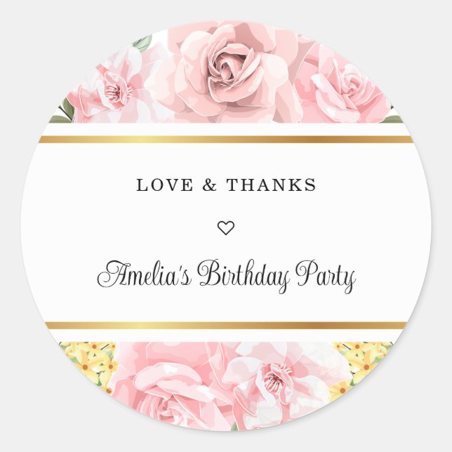 Sticker Rond Rose Rose Floral Amour Et Merci Fête Anniversaire (Devant)