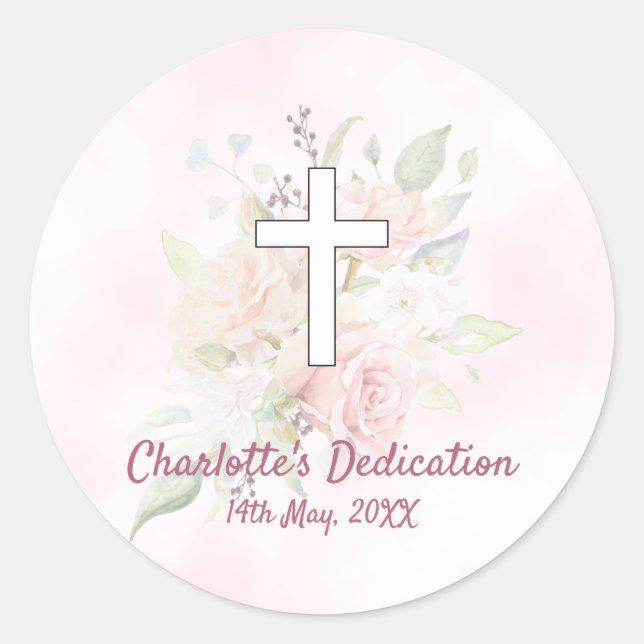 Sticker Rond Rose rose floral fille Dedication (Devant)