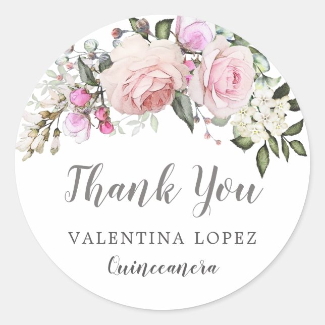Sticker Rond Rose rose pâle Floral Quinceanera Merci (Devant)