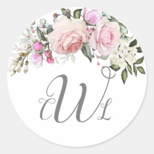Sticker Rond Rose rose pâle Monogramme Floral Classic Stic Rond