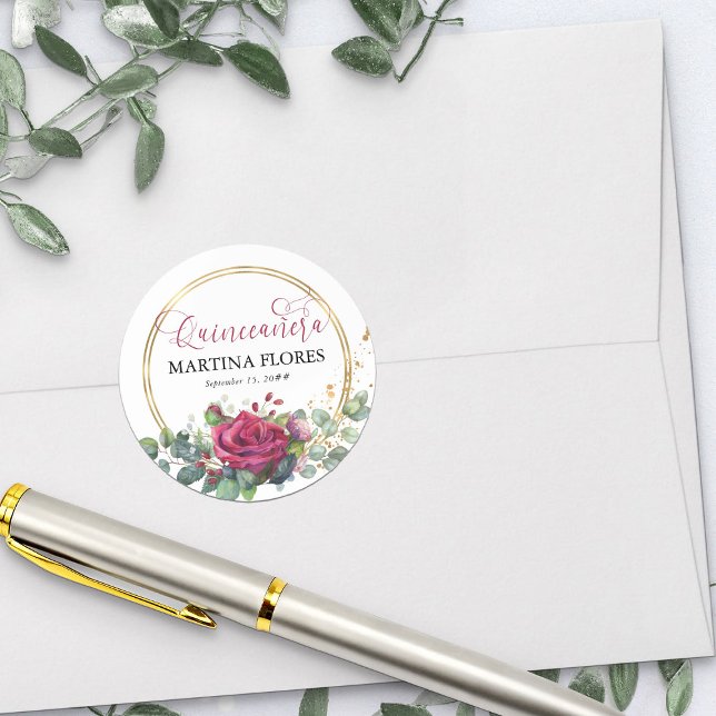 Sticker Rond Rose rouge Élégante calligraphie Quinceanera (Envelope seal or favor sticker from my Rose and Eucalyptus Quinceanera collection)