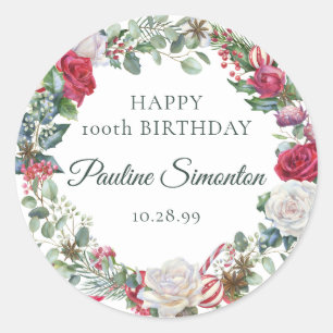 Sticker Rond Rose rouge et Holly 100e anniversaire Elegant