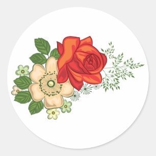 Sticker Rond Rose rouge et marguerites