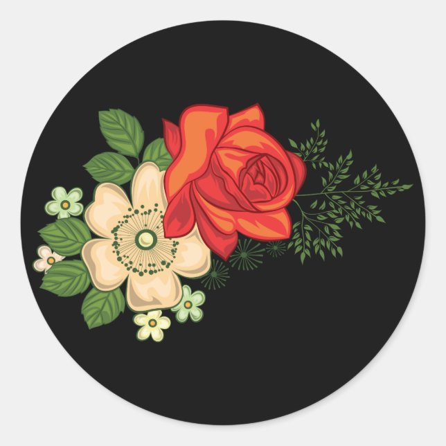 Sticker Rond Rose rouge et marguerites Arrière - plan noir (Devant)