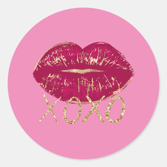 Sticker Rond Rose rouge lèvres Kiss Parties scintillant or XOXO (Devant)