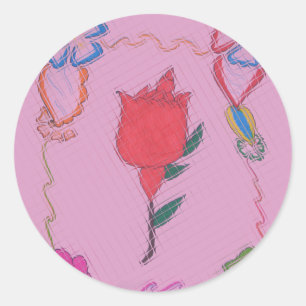 Sticker Rond Rose rouge sur rose : Art Floral Frontière Imprime