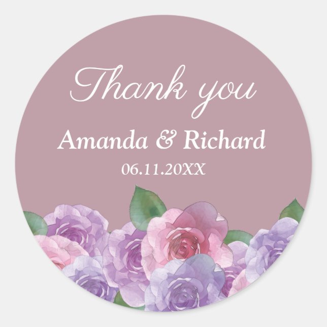 Sticker Rond Rose roux rose violet Mariage floral Merci (Devant)