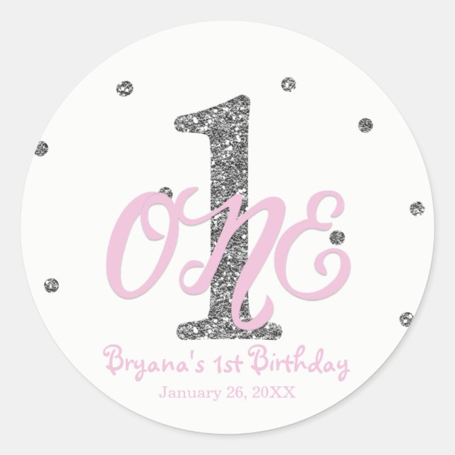 Sticker Rond Rose & Silver Girls ONE 1er anniversaire fête Favo (Devant)