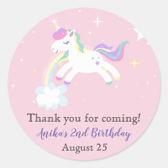 Sticker Rond Rose Unicorn Stars Rainbow Parties scintillant Gir (Devant)