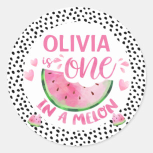 Sticker Rond Rose Vert Noir Un Dans Un Melon 1er Anniversaire