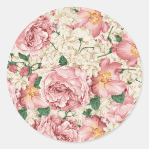 Sticker Rond Rose Vintage Aquarelle et Motif Hydrangea
