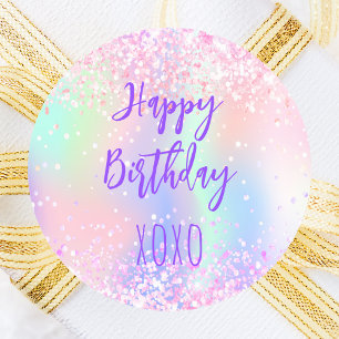 Sticker Rond Rose violet holographique embrasse anniversaire