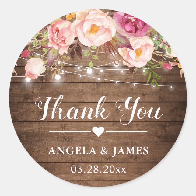 Sticker Rond Rosée Rustique Florale Lumière Merci Mariage (Devant)