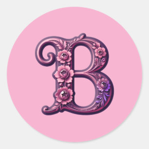 Sticker Rond Rosemaling Métallisé Moderne Lettre B, Rose/Violet