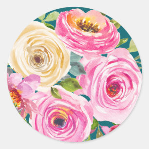Sticker Rond Roses aquarelles en rose et crème dans du sarcelle