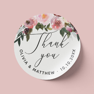 Sticker Rond Roses Aquarelles Mariage Merci. Floral Élégant