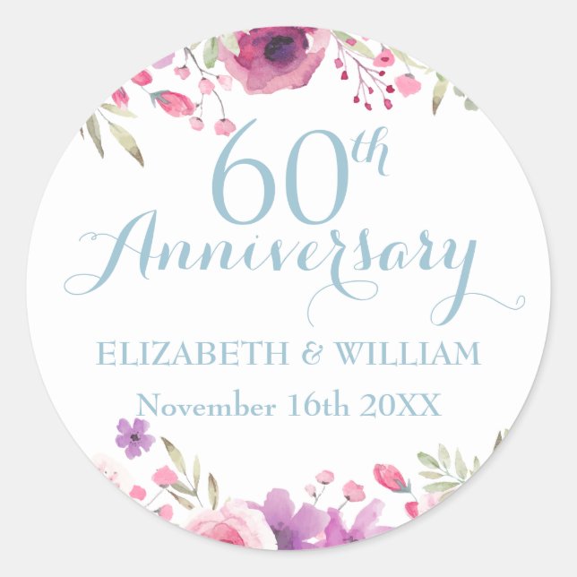 Sticker Rond Roses aquarelles pour le 60e anniversaire de maria (Devant)