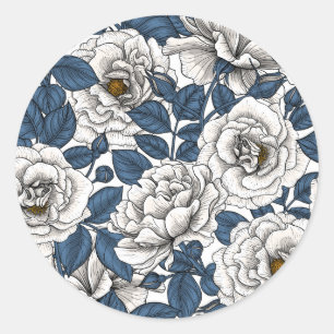 Sticker Rond Roses blanches avec feuilles bleus sur blanc