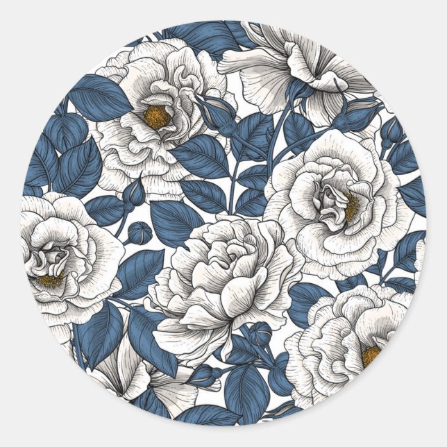 Sticker Rond Roses blanches avec feuilles bleus sur blanc (Devant)