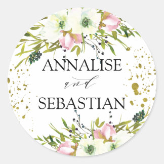 Sticker Rond Roses blanches et blanches avec éclats d'or Mariag
