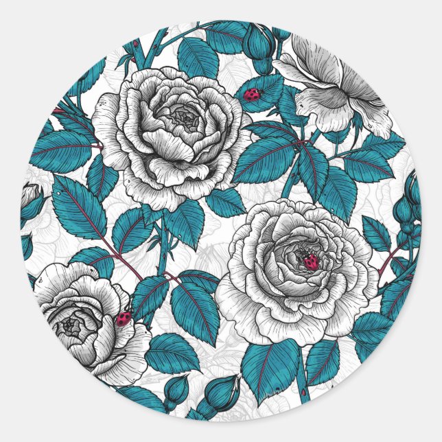 Sticker Rond Roses blanches et coccinelles (Devant)