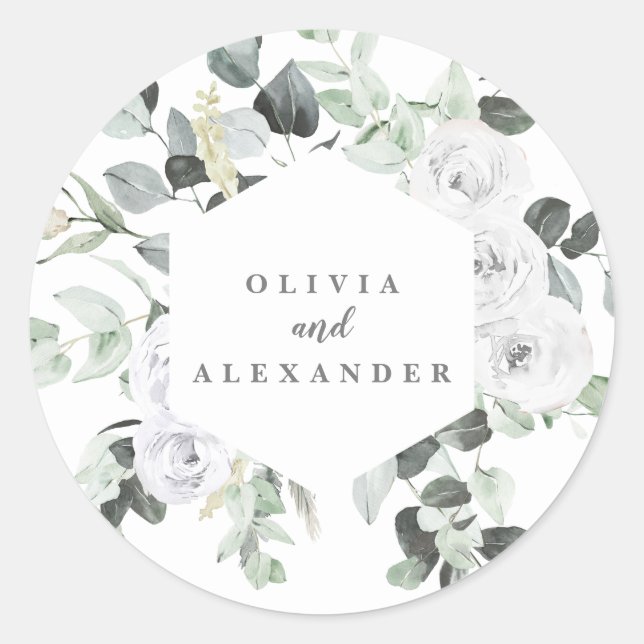 Sticker Rond Roses blanches et mariage floral vert (Devant)