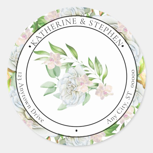 Sticker Rond Roses blanches | Orchids Boho Floral Adresse de re (Devant)