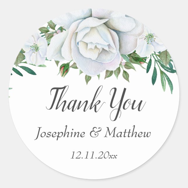 Sticker Rond Roses blanches Verdure Feuillage Mariage Merci (Devant)