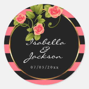 Sticker Rond Roses coralliens sur corail et rayures noires