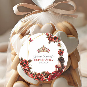 Sticker Rond Roses Couronne de Tiara Rouge Doré pour Quinceañer