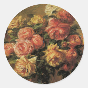 Sticker Rond Roses dans un Vase de Pierre Renoir, Art Vintage