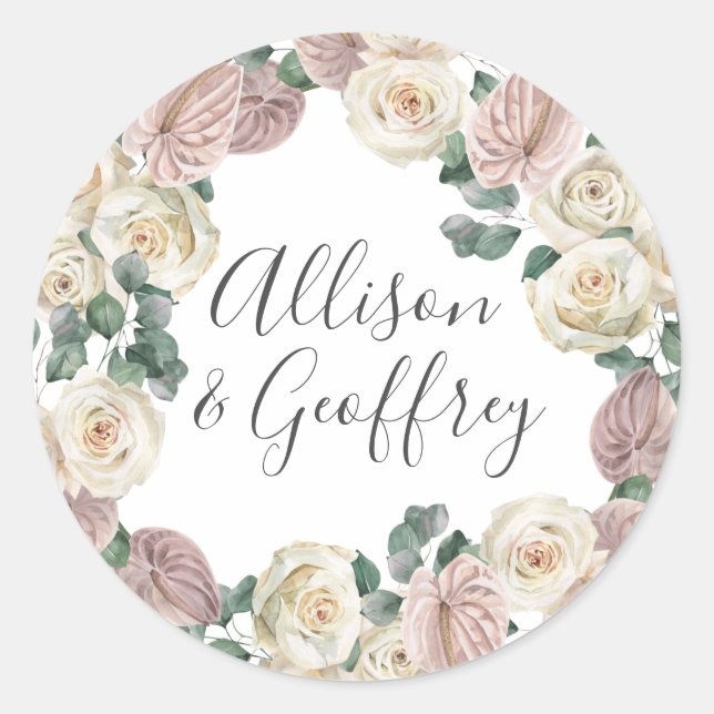 Sticker Rond Roses d'aquarelle et orchidées Mariage personnalis (Devant)