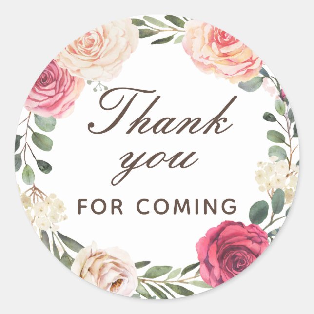 Sticker Rond Roses d'aquarelle. Floral merci d'être venu Clas (Devant)