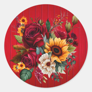 Sticker Rond Roses de bois rouge et Mariage de tournesols