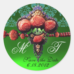 STICKER ROND ROSES DE CORAIL ROUGE, BLEU EMERALD VERT DAMASK MO