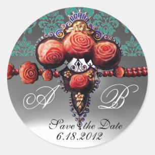 STICKER ROND ROSES DE CORAIL ROUGE, NOIR BLEU DOMMASQUE MONOGRA
