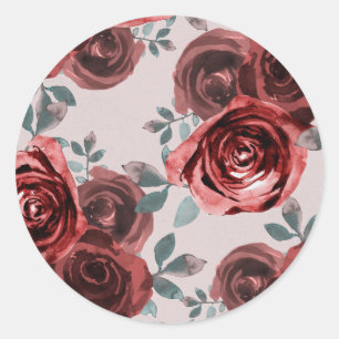 Sticker Rond Roses de teinture aquarelle bordeaux taupe et verd