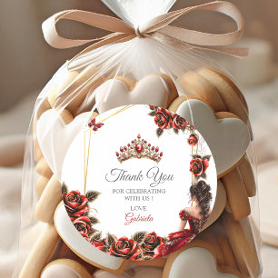 Sticker Rond Roses de Tiara Doré Rouge Quinceañera Merci