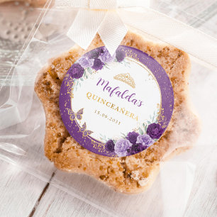 Sticker Rond Roses d'or violet Quinceanera Faveurs d'anniversai
