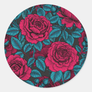 Sticker Rond Roses en rouge et bleu
